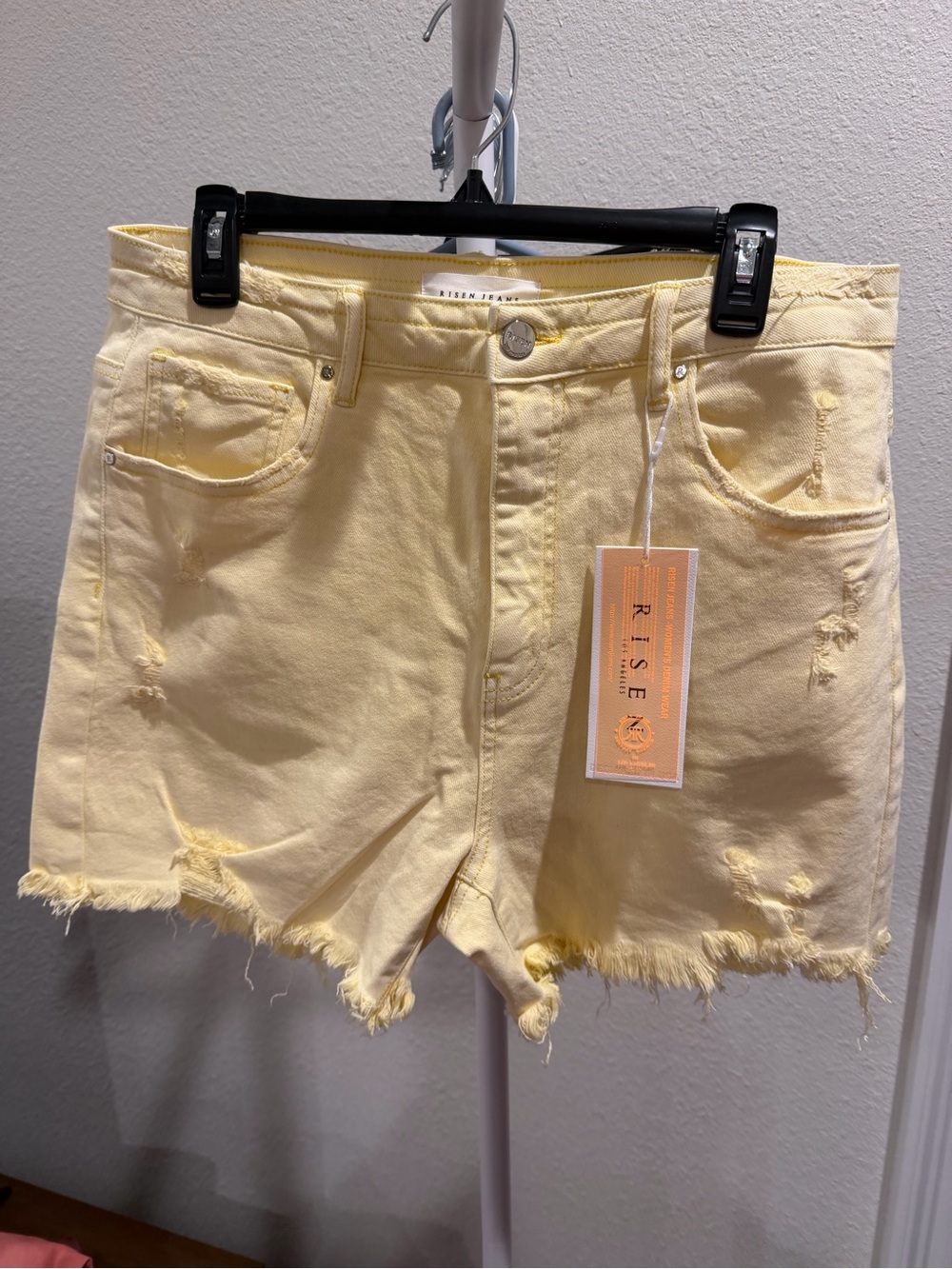RISEN Pale Yellow Distressed Denim Shorts